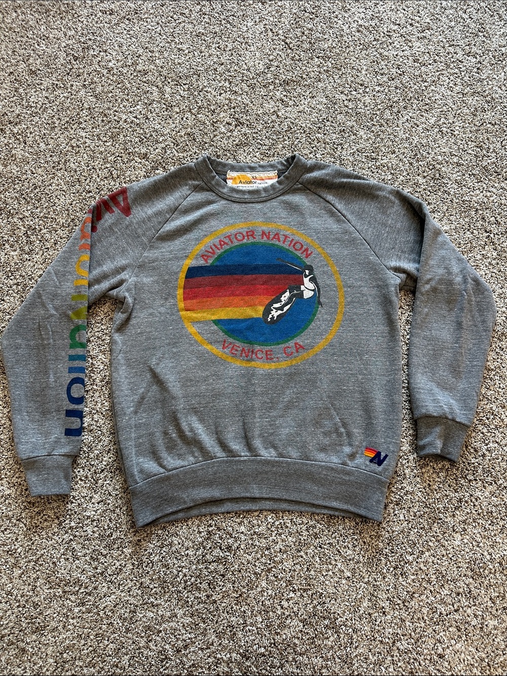 Aviator Nation Grey Crewneck with Rainbow Logo and Sleeve Print.